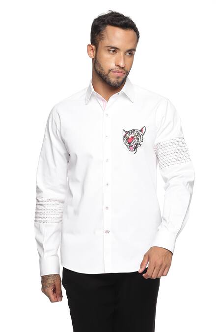 Buy_Paresh Lamba Signatures_White Cotton Denim Tiger Shirt_Online_at_Aza_Fashions