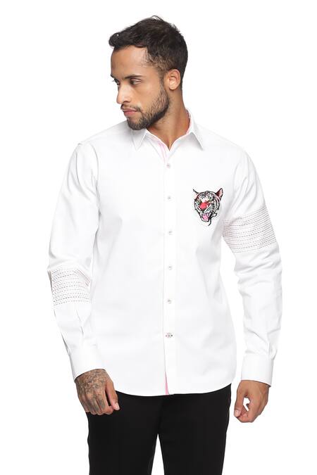Shop_Paresh Lamba Signatures_White Cotton Denim Tiger Shirt_Online_at_Aza_Fashions