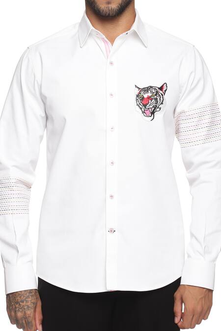 Paresh Lamba Signatures_White Cotton Denim Tiger Shirt_at_Aza_Fashions