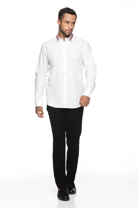 Paresh Lamba Signatures White Cotton Hand Embroidery Floral Collar Shirt  