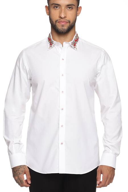 Buy_Paresh Lamba Signatures_White Cotton Hand Embroidery Floral Collar Shirt  _Online_at_Aza_Fashions