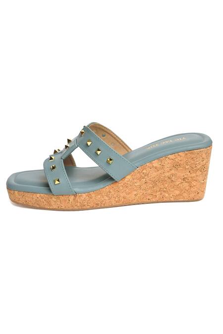 Buy_Tic Tac Toe Footwear_Blue Studded Wedges_Online_at_Aza_Fashions