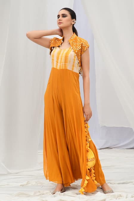 Shop Bharat Adiani Yellow Georgette, Pure Chanderi Mirror Cape Tie Dye With Embroidered Jacket at Aza Fashions Shop_Bharat Adiani_Yellow Georgette, Pure Chanderi Mirror Cape Tie Dye With Embroidered Jacket _at_Aza_Fashions