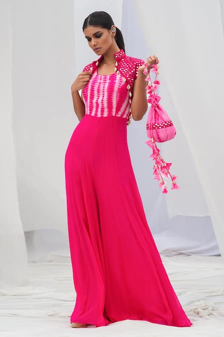 Shop Bharat Adiani Pink Georgette, Pure Chanderi Mirror Cape Tie Dye With Embroidered Jacket at Aza Fashions Shop_Bharat Adiani_Pink Georgette, Pure Chanderi Mirror Cape Tie Dye With Embroidered Jacket _at_Aza_Fashions