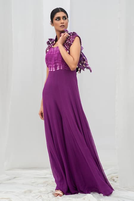 Shop Bharat Adiani Purple Georgette, Pure Chanderi Mirror Cape Tie Dye With Embroidered Jacket at Aza Fashions Shop_Bharat Adiani_Purple Georgette, Pure Chanderi Mirror Cape Tie Dye With Embroidered Jacket _at_Aza_Fashions
