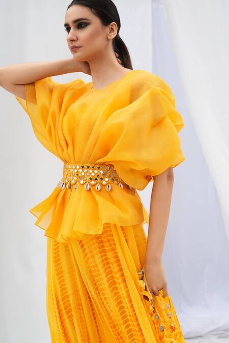 Bharat Adiani Yellow Georgette, Pure Organza Round Tie Dye Dress And Top Set Online at Aza Fashions Bharat Adiani_Yellow Georgette, Pure Organza Round Tie Dye Dress And Top Set _Online_at_Aza_Fashions