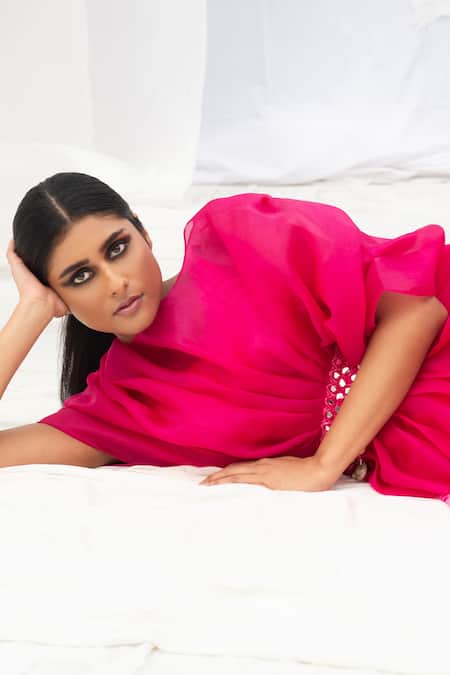 Shop Bharat Adiani Pink Georgette, Pure Organza Round Tie Dye Dress And Top Set at Aza Fashions Shop_Bharat Adiani_Pink Georgette, Pure Organza Round Tie Dye Dress And Top Set _at_Aza_Fashions