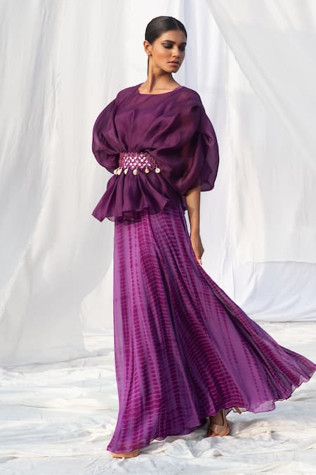 Shop Bharat Adiani Purple Georgette, Pure Organza Round Tie Dye Dress And Top Set at Aza Fashions Shop_Bharat Adiani_Purple Georgette, Pure Organza Round Tie Dye Dress And Top Set _at_Aza_Fashions