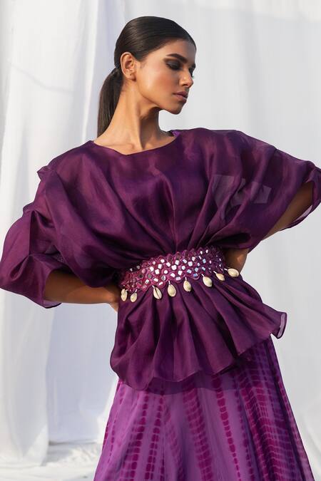 Bharat Adiani Purple Georgette, Pure Organza Round Tie Dye Dress And Top Set Online at Aza Fashions Bharat Adiani_Purple Georgette, Pure Organza Round Tie Dye Dress And Top Set _Online_at_Aza_Fashions