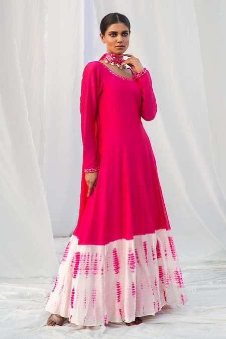 Bharat Adiani Pink Chanderi, Georgette Mirror Round Tie Dye Anarkali With Dupatta