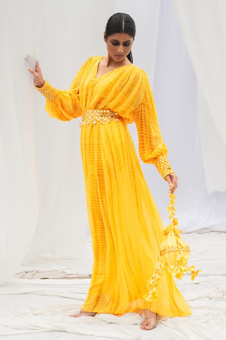 Bharat Adiani Tie Dye Puffed Sleeve Gown 