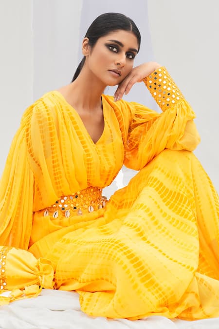 Bharat Adiani Yellow Georgette Mirror V Neck Tie Dye Puffed Sleeve Gown Online at Aza Fashions Bharat Adiani_Yellow Georgette Mirror V Neck Tie Dye Puffed Sleeve Gown _Online_at_Aza_Fashions
