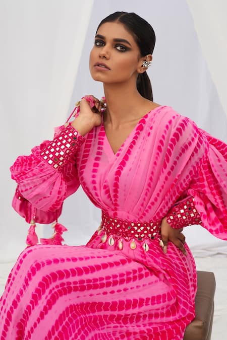 Bharat Adiani Pink Georgette Mirror V Neck Tie Dye Puffed Sleeve Gown Online at Aza Fashions Bharat Adiani_Pink Georgette Mirror V Neck Tie Dye Puffed Sleeve Gown _Online_at_Aza_Fashions