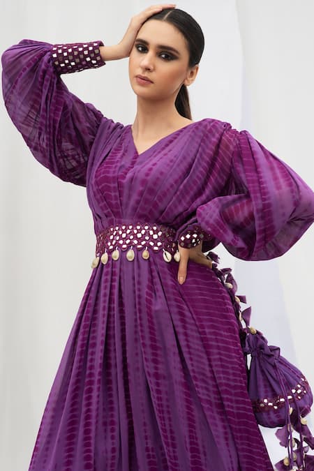 Bharat Adiani_Purple Georgette Mirror V Neck Tie Dye Puffed Sleeve Gown _Online_at_Aza_Fashions