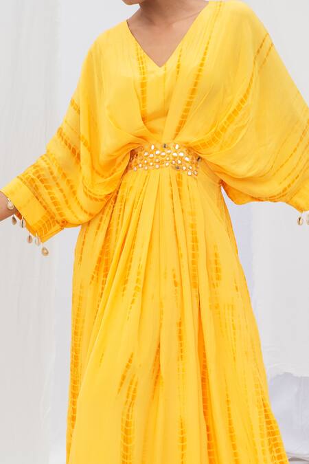 Bharat Adiani_Yellow Crepe Mirror V Neck Tie Dye Kaftan _Online_at_Aza_Fashions