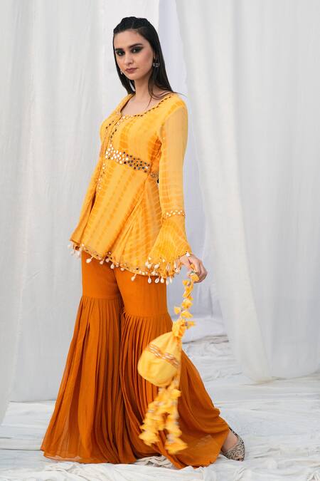 Shop Bharat Adiani Purple Georgette Mirror Round Embroidered Peplum Top And Gharara Set at Aza Fashions Shop_Bharat Adiani_Purple Georgette Mirror Round Embroidered Peplum Top And Gharara Set _at_Aza_Fashions