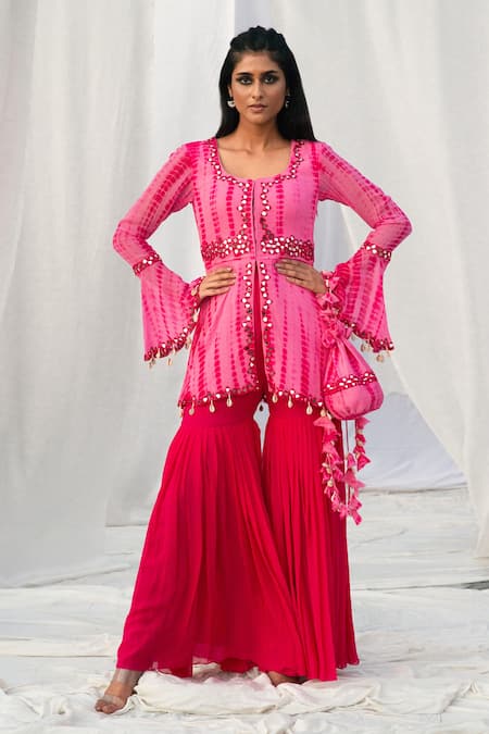 Bharat Adiani Pink Georgette Mirror Round Embroidered Peplum Top And Gharara Set