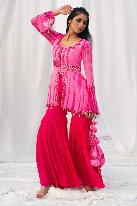 Buy_Bharat Adiani_Pink Georgette Mirror Round Embroidered Peplum Top And Gharara Set _Online_at_Aza_Fashions