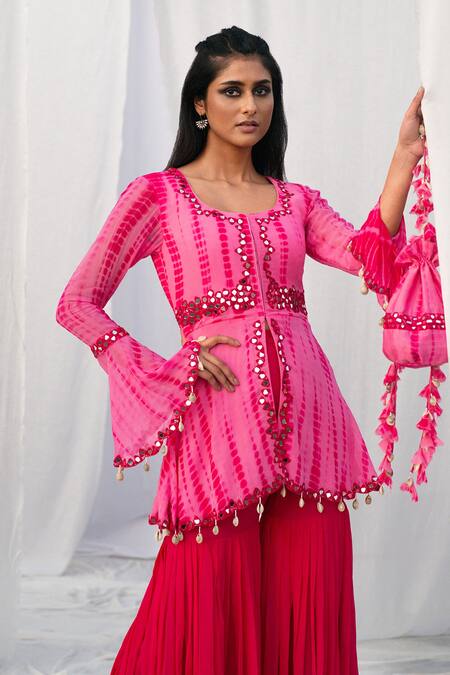 Shop_Bharat Adiani_Pink Georgette Mirror Round Embroidered Peplum Top And Gharara Set _Online_at_Aza_Fashions