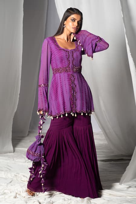 Shop Bharat Adiani Purple Georgette Mirror Round Embroidered Peplum Top And Gharara Set at Aza Fashions Shop_Bharat Adiani_Purple Georgette Mirror Round Embroidered Peplum Top And Gharara Set _at_Aza_Fashions