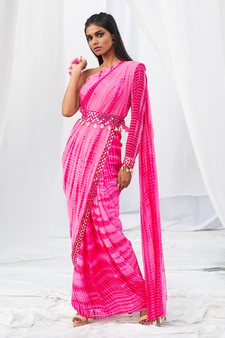 Shop Bharat Adiani Pink Georgette Mirror Asymmetric Tie Dye One Shoulder Saree Gown at Aza Fashions Shop_Bharat Adiani_Pink Georgette Mirror Asymmetric Tie Dye One Shoulder Saree Gown _at_Aza_Fashions