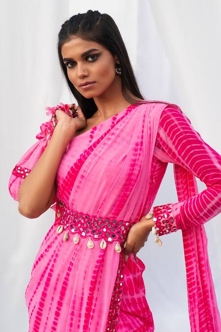 Bharat Adiani Pink Georgette Mirror Asymmetric Tie Dye One Shoulder Saree Gown Online at Aza Fashions Bharat Adiani_Pink Georgette Mirror Asymmetric Tie Dye One Shoulder Saree Gown _Online_at_Aza_Fashions