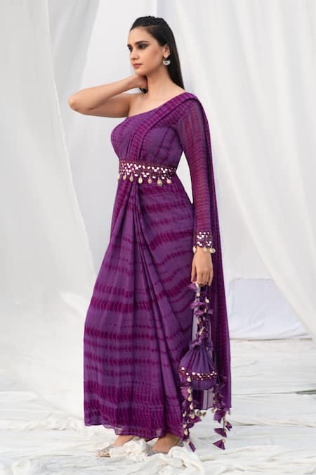 Bharat Adiani Tie Dye One Shoulder Saree Gown 