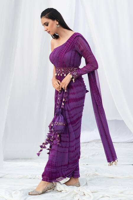 Bharat Adiani_Purple Georgette Mirror Asymmetric Tie Dye One Shoulder Saree Gown _Online_at_Aza_Fashions