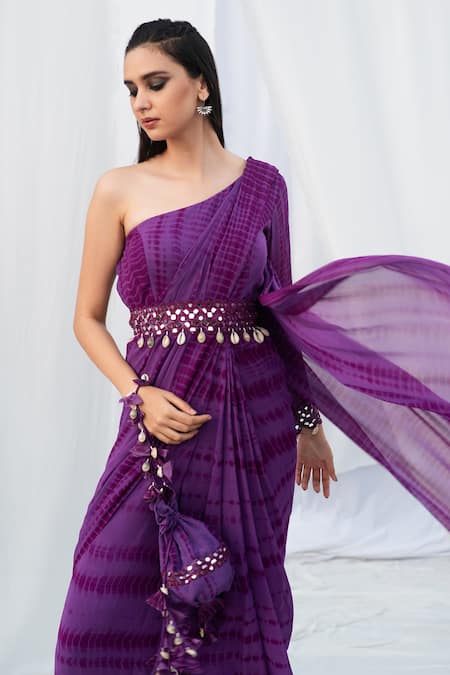 Buy_Bharat Adiani_Purple Georgette Mirror Asymmetric Tie Dye One Shoulder Saree Gown _Online_at_Aza_Fashions