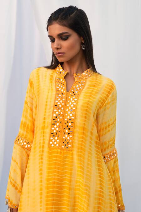 Bharat Adiani Yellow Crepe, Pure Chanderi Mirror Mandarin Tie Dye Kurta And Dhoti Pant Set Online at Aza Fashions Bharat Adiani_Yellow Crepe, Pure Chanderi Mirror Mandarin Tie Dye Kurta And Dhoti Pant Set _Online_at_Aza_Fashions