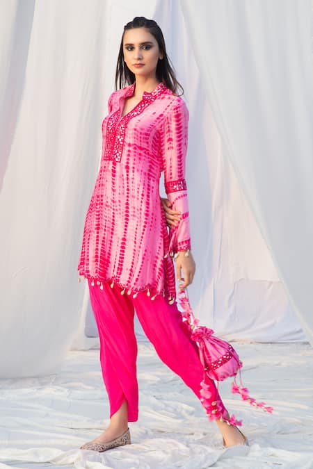 Shop Bharat Adiani Pink Crepe, Pure Chanderi Mirror Mandarin Collar Tie Dye Kurta And Dhoti Pant Set at Aza Fashions Shop_Bharat Adiani_Pink Crepe, Pure Chanderi Mirror Mandarin Collar Tie Dye Kurta And Dhoti Pant Set _at_Aza_Fashions