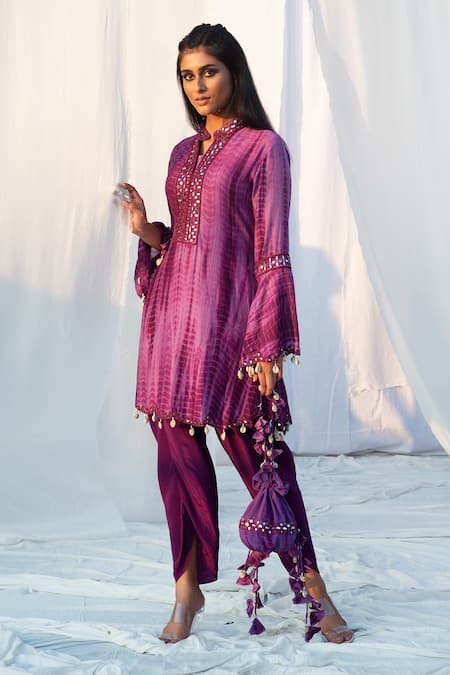 Bharat Adiani Purple Crepe, Pure Chanderi Mirror Mandarin Tie Dye Kurta And Dhoti Pant Set