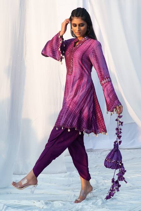 Shop Bharat Adiani Purple Crepe, Pure Chanderi Mirror Mandarin Tie Dye Kurta And Dhoti Pant Set at Aza Fashions Shop_Bharat Adiani_Purple Crepe, Pure Chanderi Mirror Mandarin Tie Dye Kurta And Dhoti Pant Set _at_Aza_Fashions