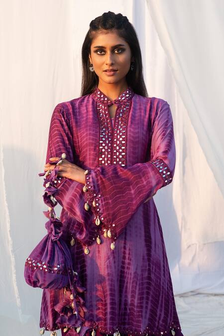 Bharat Adiani Purple Crepe, Pure Chanderi Mirror Mandarin Tie Dye Kurta And Dhoti Pant Set Online at Aza Fashions Bharat Adiani_Purple Crepe, Pure Chanderi Mirror Mandarin Tie Dye Kurta And Dhoti Pant Set _Online_at_Aza_Fashions
