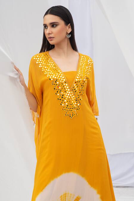 Bharat Adiani_Yellow Georgette Mirror V Neck Tie Dye Kaftan _Online_at_Aza_Fashions