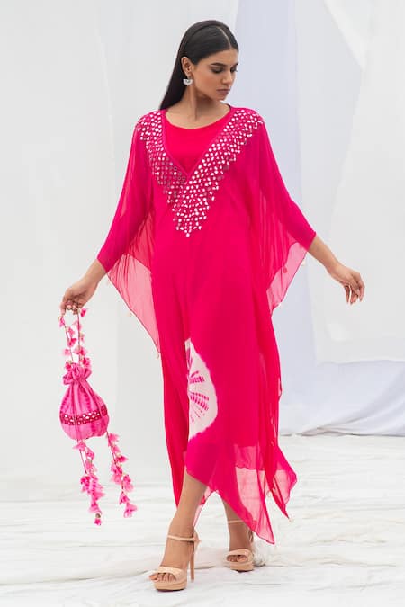Bharat Adiani Pink Georgette Mirror V Neck Tie Dye Kaftan