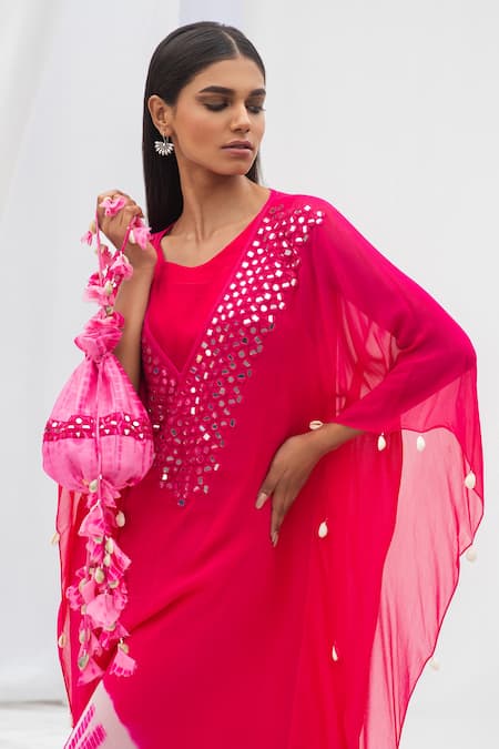 Bharat Adiani_Pink Georgette Mirror V Neck Tie Dye Kaftan _Online_at_Aza_Fashions