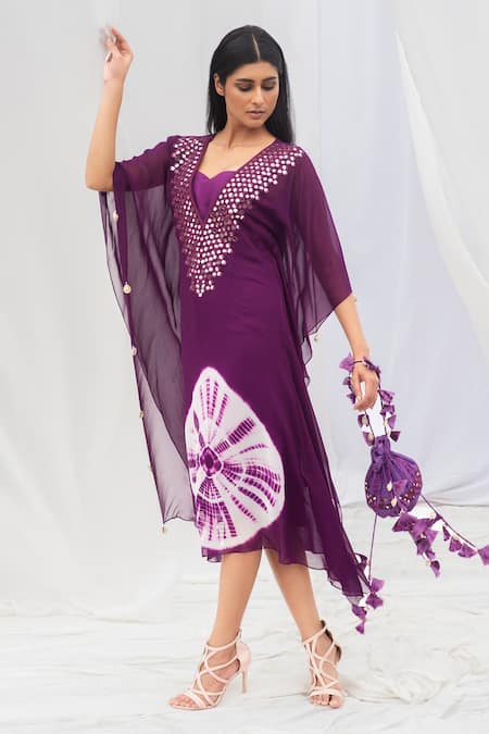 Shop Bharat Adiani Purple Georgette Mirror V Neck Tie Dye Kaftan at Aza Fashions Shop_Bharat Adiani_Purple Georgette Mirror V Neck Tie Dye Kaftan _at_Aza_Fashions