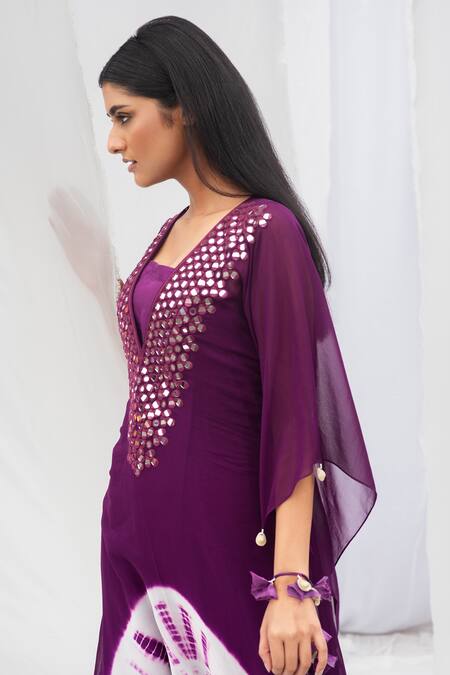 Bharat Adiani Purple Georgette Mirror V Neck Tie Dye Kaftan Online at Aza Fashions Bharat Adiani_Purple Georgette Mirror V Neck Tie Dye Kaftan _Online_at_Aza_Fashions