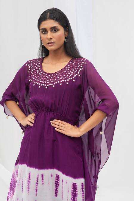 Bharat Adiani_Purple Organza Mirror Round Embroidered Kaftan_Online_at_Aza_Fashions