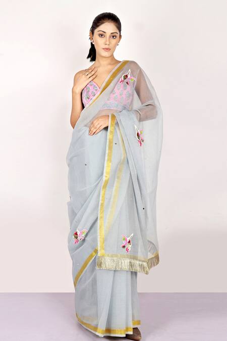 Grey Saree With Kota Doriya Blouse