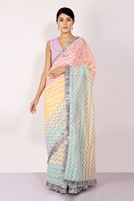 Buy Multi Color Mulmul Printed Leheriya Saree For Women By Anita Kanwal