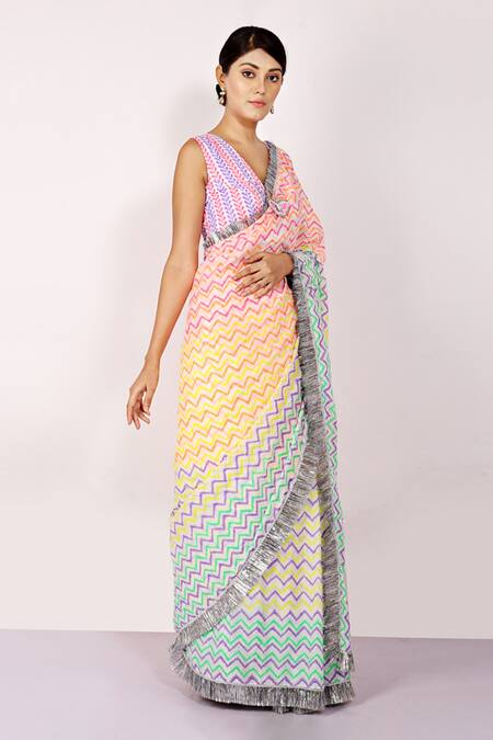 Anita Kanwal_Multi Color Mulmul Printed Leheriya Saree _Online_at_Aza_Fashions