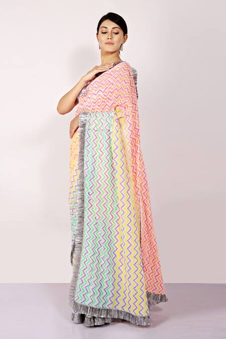 Buy_Anita Kanwal_Multi Color Mulmul Printed Leheriya Saree _Online_at_Aza_Fashions