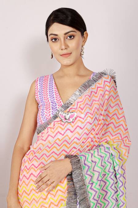Shop_Anita Kanwal_Multi Color Mulmul Printed Leheriya Saree _Online_at_Aza_Fashions