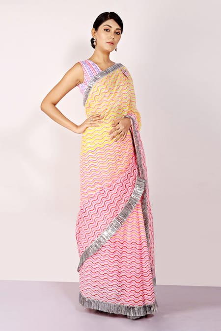 Anita Kanwal_Multi Color Mulmul Printed Leheriya Saree _Online_at_Aza_Fashions