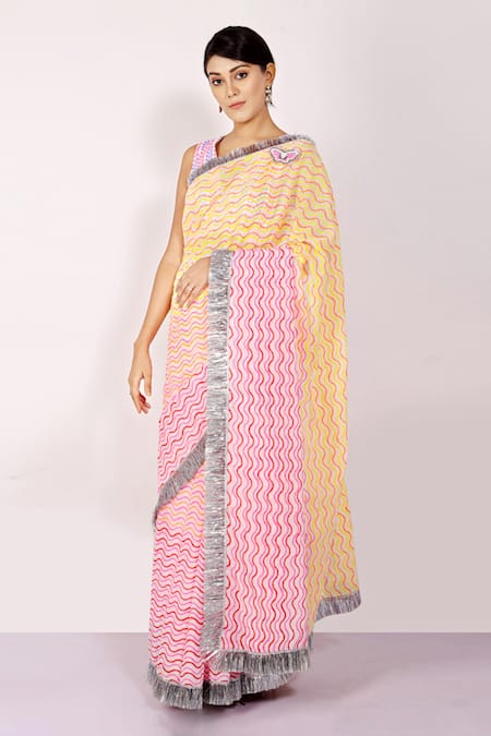 Buy_Anita Kanwal_Multi Color Mulmul Printed Leheriya Saree _Online_at_Aza_Fashions