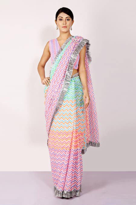Anita Kanwal Multi Color Mulmul Printed Leheriya Saree 