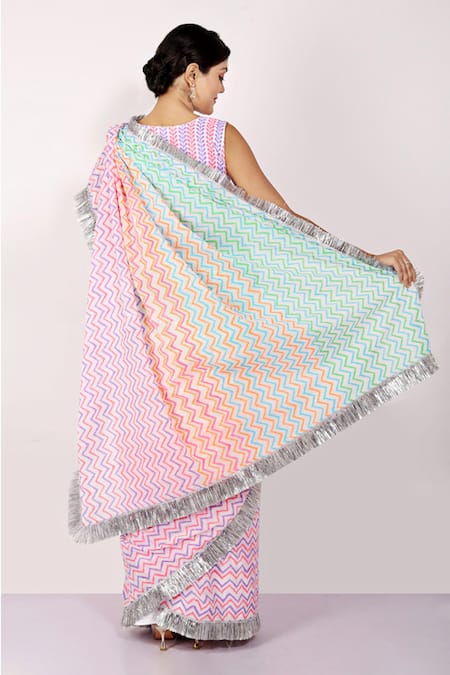 Shop_Anita Kanwal_Multi Color Mulmul Printed Leheriya Saree _at_Aza_Fashions