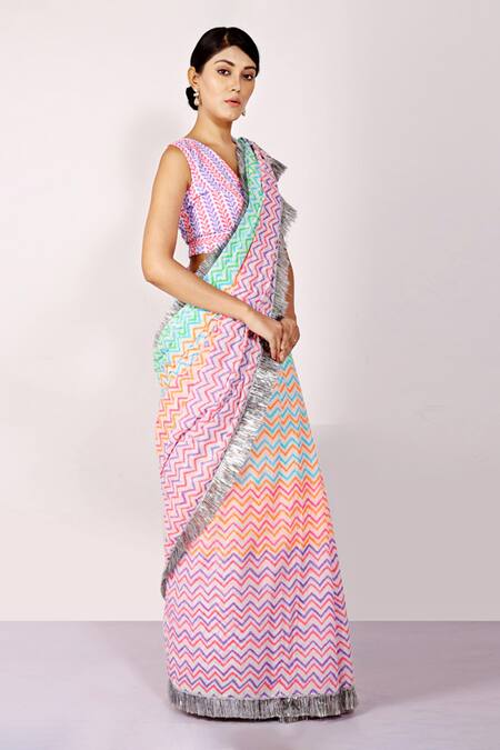 Anita Kanwal_Multi Color Mulmul Printed Leheriya Saree _Online_at_Aza_Fashions